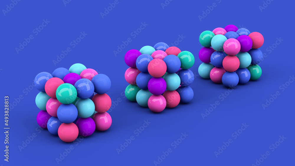 Colorful balls set. Three abstract cubes. Blue background. 3d render. Colorful balls set. Three abstract cubes. Blue background. 3d render.