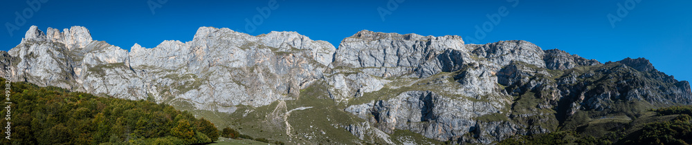 panoramic view of the glacial cirque of the town of Fuente De, Cantabria, Spain.