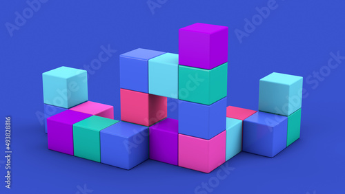 Group of blue  purple  pink  green cubes. Abstract illustration  3d render.