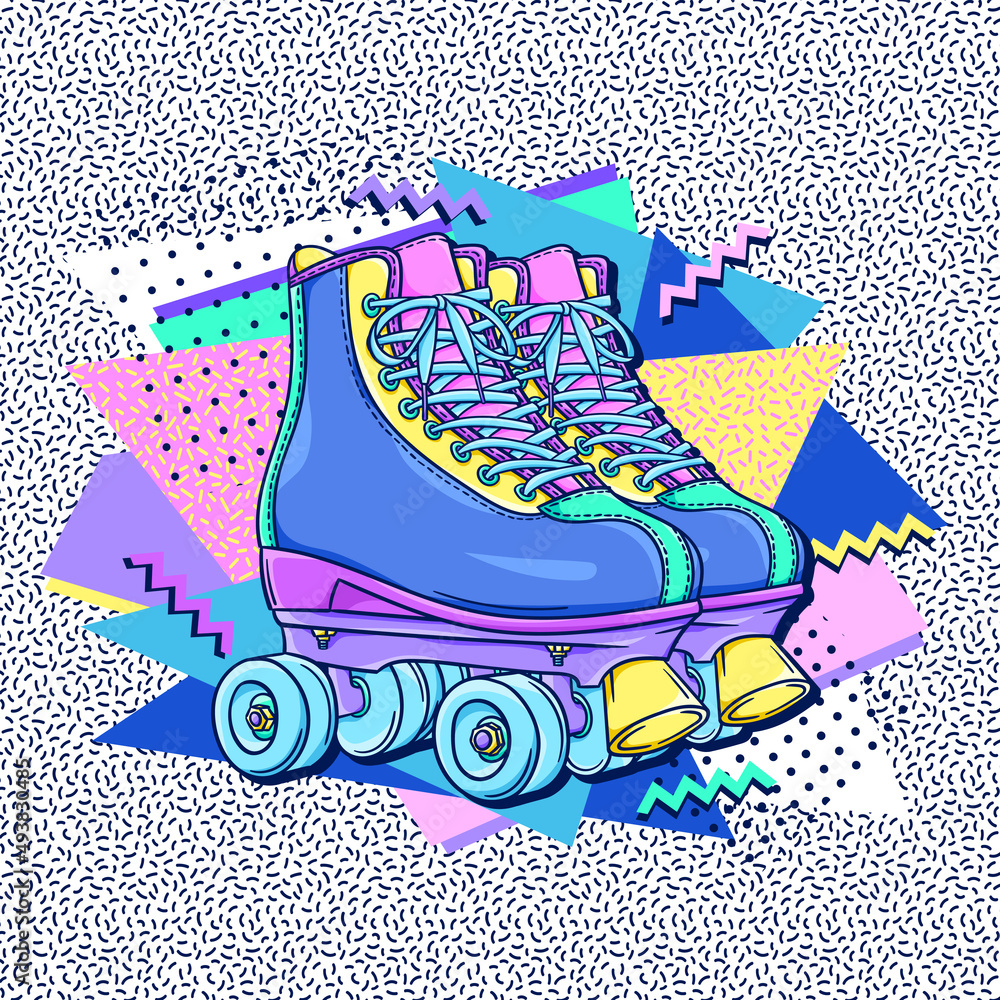 Roller skates 90s style poster. Retro roller skates. 90s fashion. Disco  style. 1990s trendy illustration. Nostalgia for the 90s. Stock-Vektorgrafik  | Adobe Stock