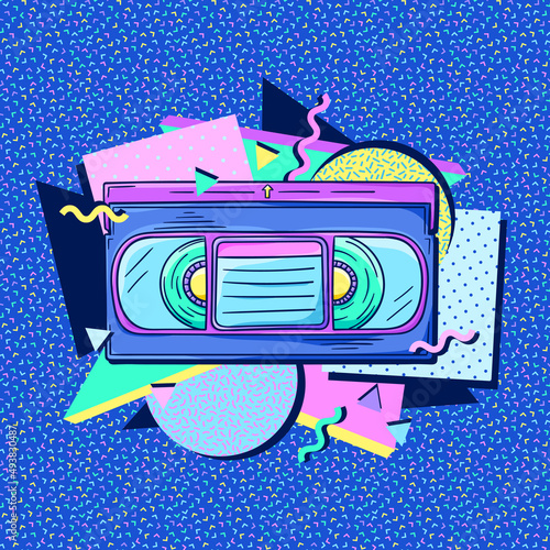 Video cassette 90s style poster. Retro videotape for video recording. Movie night banner. 1990s trendy illustration. Nostalgia for the 90s.