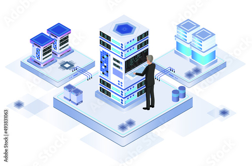 Data center or server room processing data operation with security protection and maintenance with isometric design style - vector