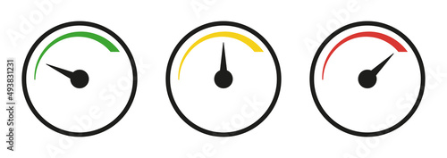 Set of speedometer scales. Arrow in different positions. Green, yellow and red scale. Vector isolated on white
