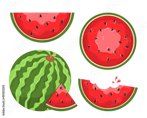 Fototapeta Naklejka Na Ścianę i Meble -  Watermelon and juicy slices, vector illustration in flat design. Summer food concept illustration isolated on white background.