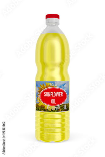 sunflower oil in plastic bottle on white background. Isolated 3D illustration