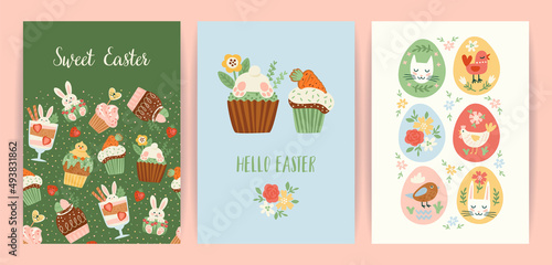Easter illustrations with funny sweets. Cupcake  cake  dessert with easter symbols. Vector templates.