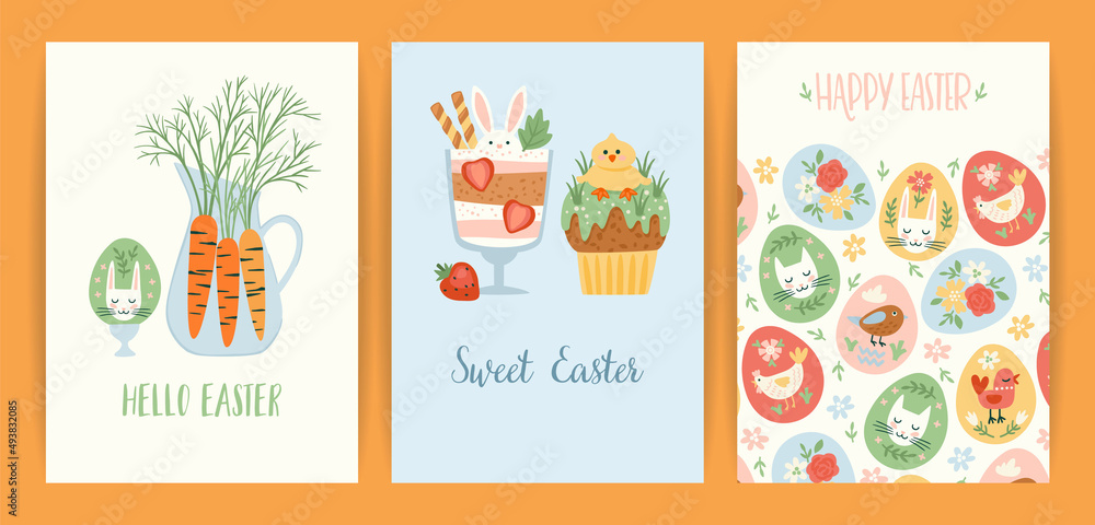Easter illustrations with funny sweets. Cupcake, cake, dessert with easter symbols. Vector templates.