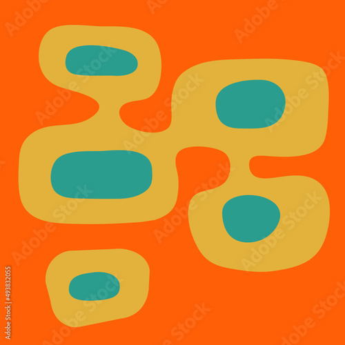 Orange, yellow, and teal organic background, influenced by tiki, mid-century modern art.