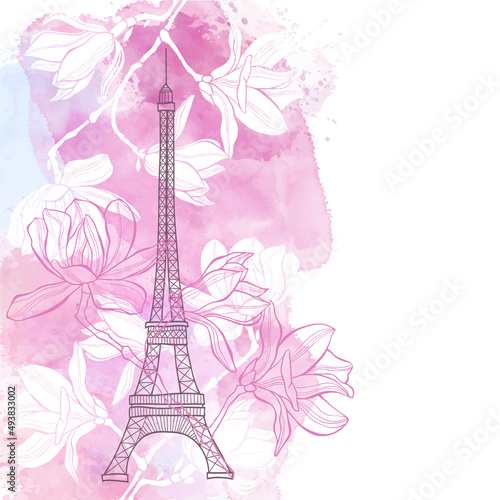 Spring in Paris. Vector illustration with Eiffel tower and blooming magnolia on a pink watercolor background.