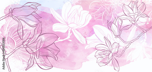 Art botanical background vector. Luxury design with magnolia flowers and watercolor splash. Template design for text, packaging and prints.