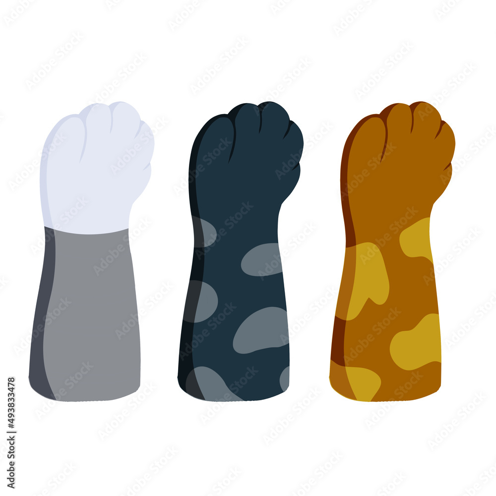 Set of different paw. Cat hands of different colors. Collection of breeds of Pets. Spots and stripes. Cartoon flat illustration. White, black, red, grey animal with fur Set of different paw. Cat hands of different colors. Collection of breeds of Pets. Spots and stripes. Cartoon flat illustration. White, black, red, grey animal with fur