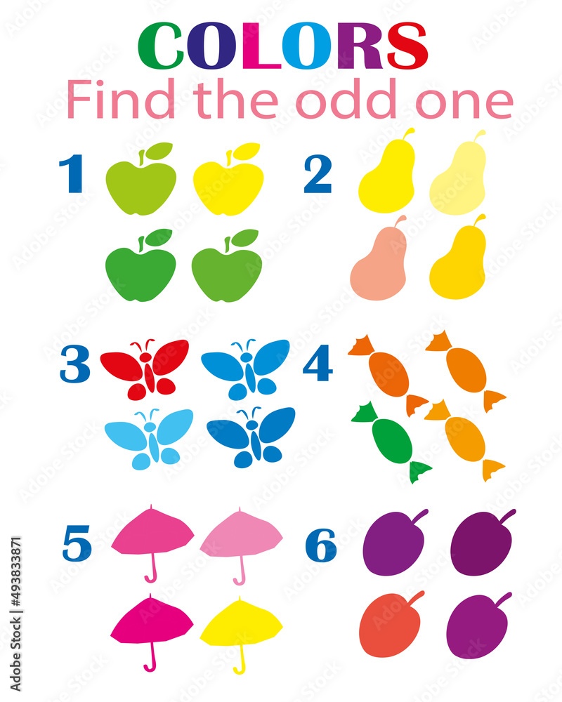 Find odd one out - game for kids to study colors, objects, fruit, sweets, butterflies and develop logic. Printable worksheet. Educational game for children, kids preschool age. Find odd one out - game for kids to study colors, objects, fruit, sweets, butterflies and develop logic. Printable worksheet. Educational game for children, kids preschool age.