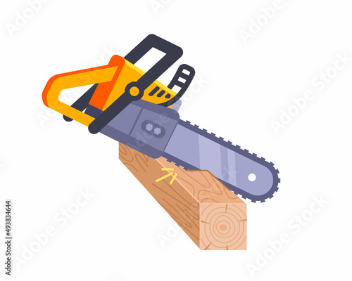 chainsaw sawing a block of wood. wood processing. flat vector illustration.