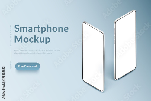 Two white realistic smartphones mockup. 3d mobile phones with blank white screen. Modern cell phone template on light background
