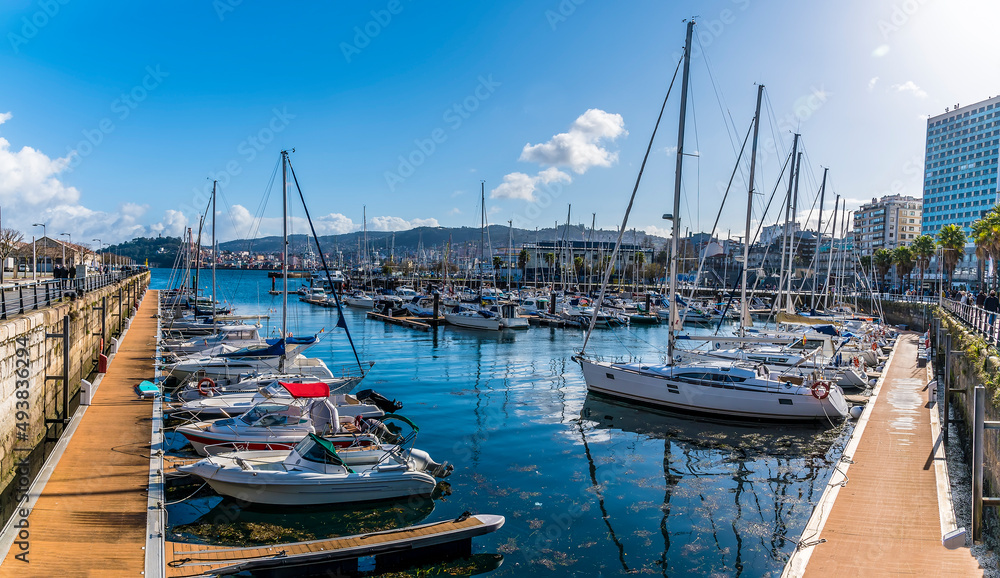 Fototapeta premium A panorama view across the marina in Vigo, Spain on a spring day
