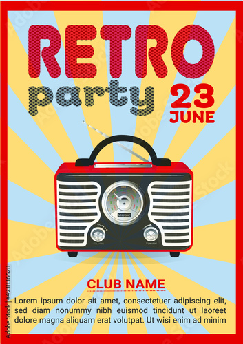 Retro Music Party celebration vintage flyer, banner or template. Design trendy vintage colors with  retro radio.