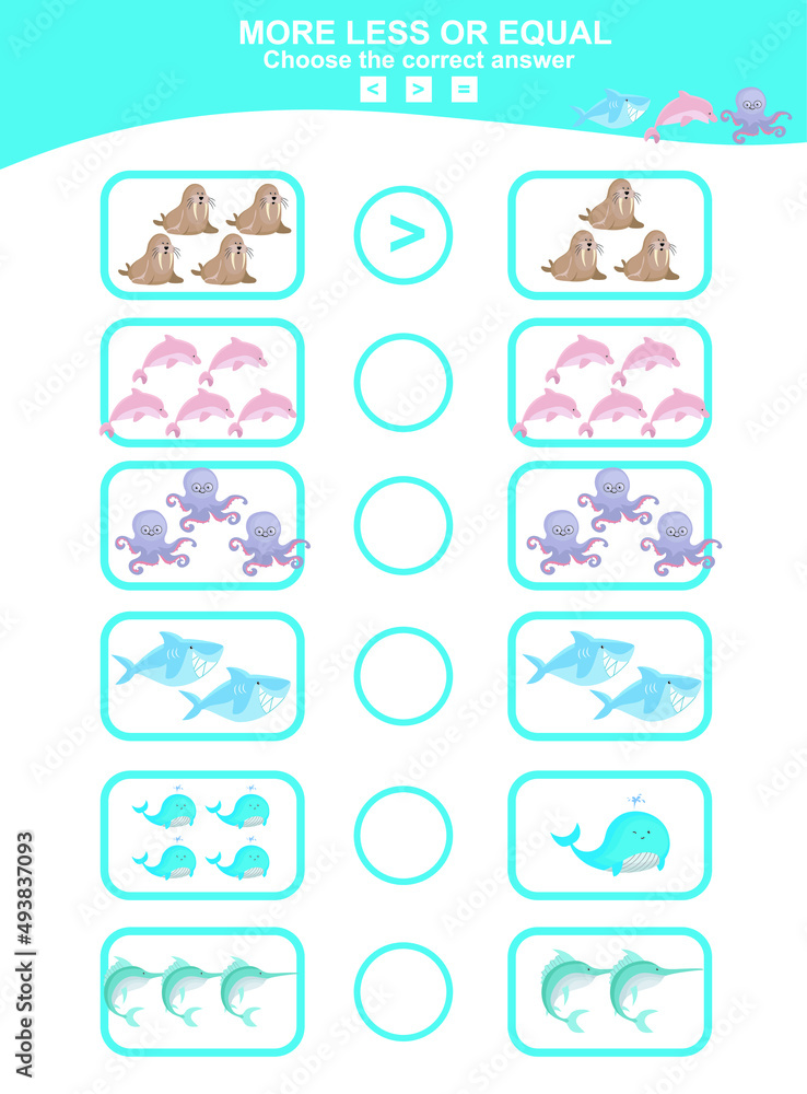Choose more, less or equal game. Math education worksheet with animal theme.  Educational printable math worksheet. Vector illustration.
