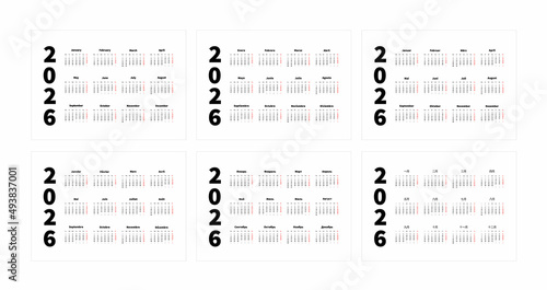 Set of 2026 year simple horizontal a4 size calendars in english, spanish, russian, french, chinese and german languages, typographic calendar isolated on white