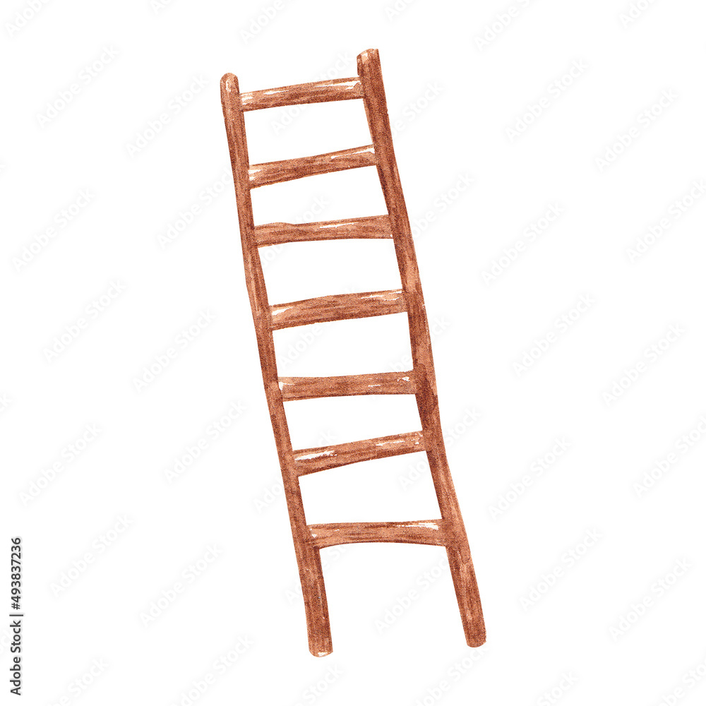 Hand drawn watercolor retro stairway in cartoon style isolated on white background. Vintage wooden ladder Hand drawn watercolor retro stairway in cartoon style isolated on white background. Vintage wooden ladder