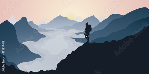 Fictious fjord view. Hand drawn flat vector illustration of trail hiking.