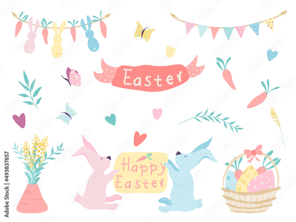 Fototapeta premium Easter postcard with rabbits, carrots, butterfly, garlands and typography. Hand drawn garland with rabbits and carrots. Spring holiday vector illustration
