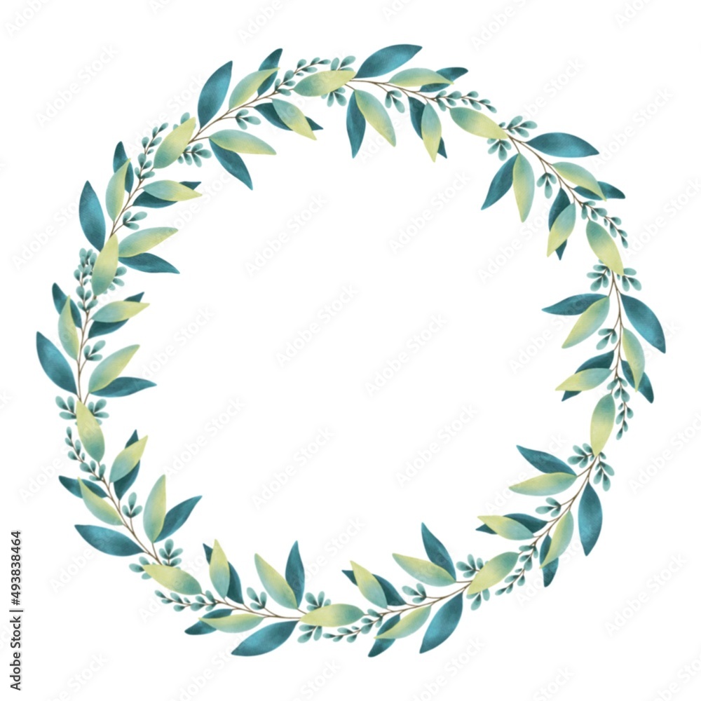 Hand Drawing Watercolor blue-green flowers wreath. Use for poster, greeting card, celebration, wedding, print, design, stickers, shop, advertising, marketing, packaging, birthday