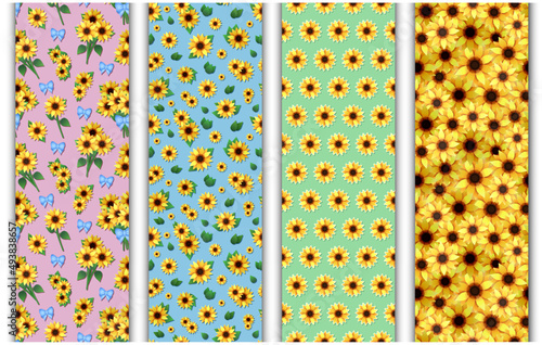 Set of colorful seamless patterns with cartoon sunflowers, leaves, twigs and  bouquets. Endless flower pattern for wrapping paper, background, wallpaper, etc.