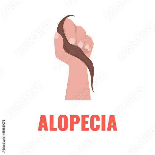 Hand holding a damaged lock of hair. Hair shedding and thinning. Excessive hair fall problem. Alopecia symptom concept. Vector illustration.