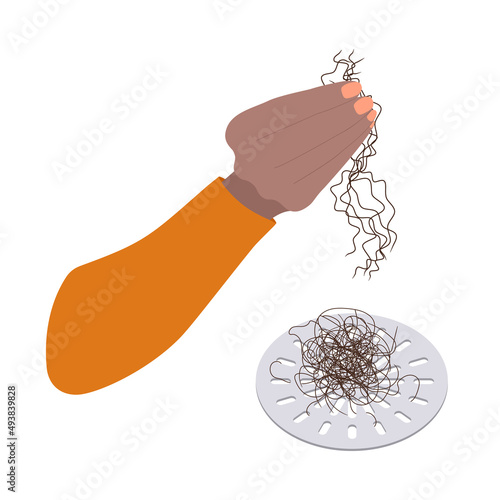 Hand removing hair clump from the shower drain. Hair fall problem. Alopecia diagnostic concept. Grid cleaning after washing scalp. Cartoon vector illustration