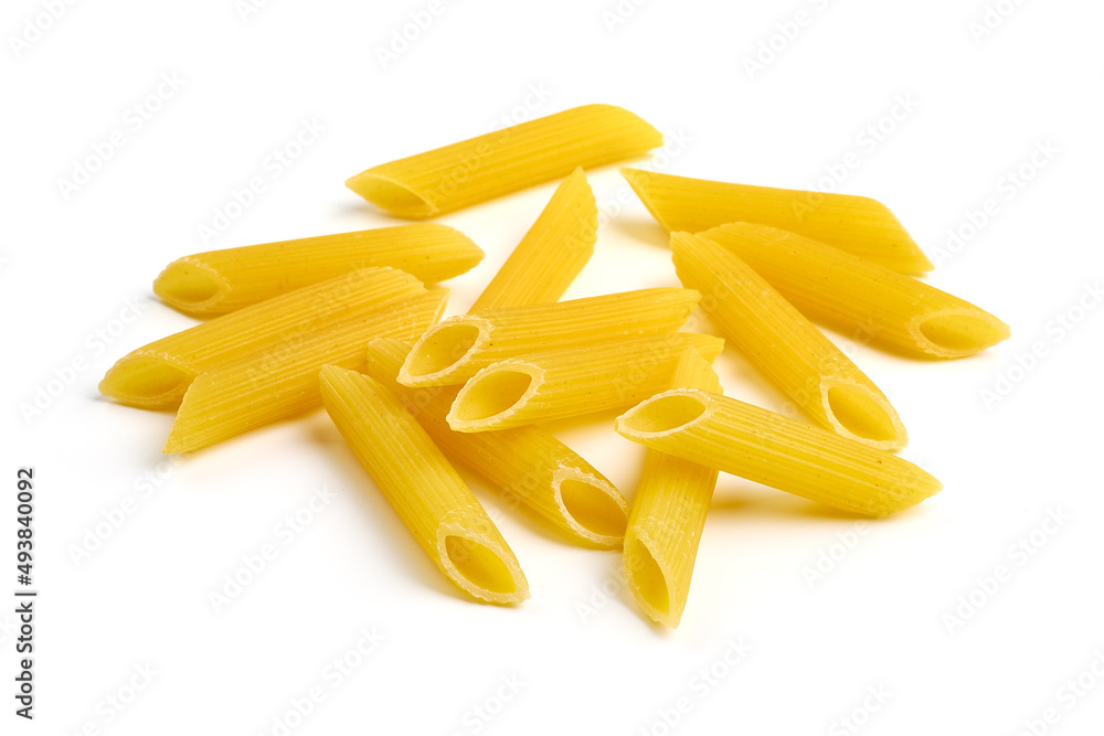 Penne pasta, close-up, Itallian food, close-up, isolated on white background.