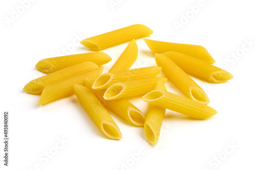 Penne pasta, close-up, Itallian food, close-up, isolated on white background.