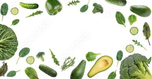 white background with vegetables and fruits and herbs. Healthy food. Vegetarianism