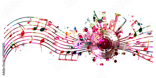  Colorful musical promotional poster with musical instruments and notes isolated vector illustration. Artistic playful design with vinyl disc for concert events, music festivals and shows, party flyer