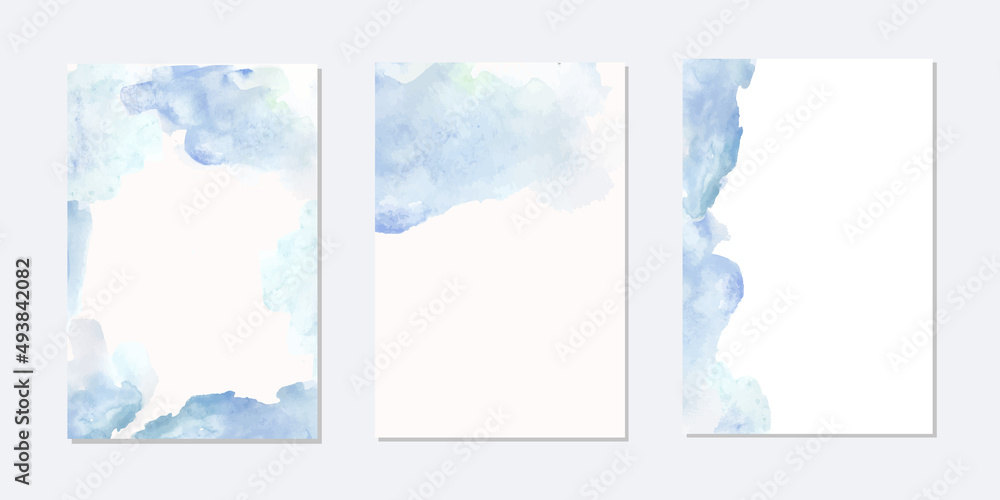 Set of cards with watercolor stains. Gently blue, gray hand-drawn spots on a white background for your design. Invitation, postcard, banner, logo, business card.
Vector layout.