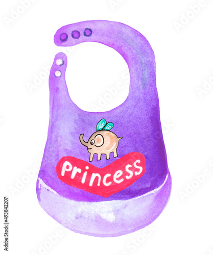 Watercolor illustration of a purple bib for newborns, for girls, princesses, the birth of a child 