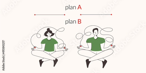 Plan B Alternative difficult path concept vector illustration. People's challenge to choose strategy. Men with chaos way. Positive woman thinking route. Straight decision vs messy and hard curve