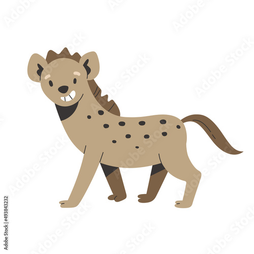 Cute hyena character, african animal, smiling friendly african animal, wild safari mammal, flat cartoon art isolated on white, good as poster or sticker, book illustration