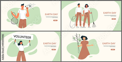 Earth day and green ecology volunteer community vector landing page and banner set. People save environment and care about nature. Template for eco card, 22 April brochure, voluntary project design