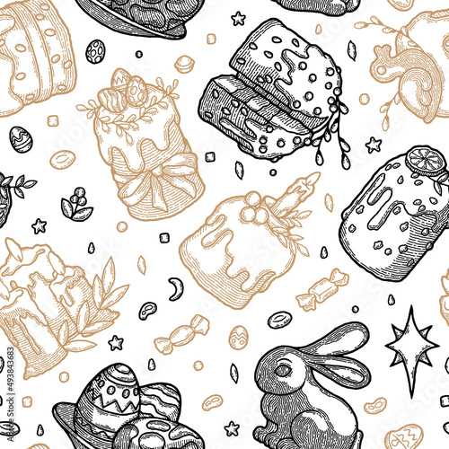 Easter Spring Cake Seamless Colored Pattern. Cute Traditional Bakery Russian Kulich with Boho Element Lemon, Leaf, Easter Egg, Duck, Candle, Chocolate Bunny, Icing. Vector flat cartoon illustration
