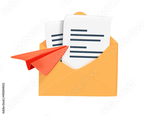 3d open mail envelope icon with orange paper plane isolated on blue background. Render new email notification. 3d realistic minimal vector. new message isolated on grey background. Email notification