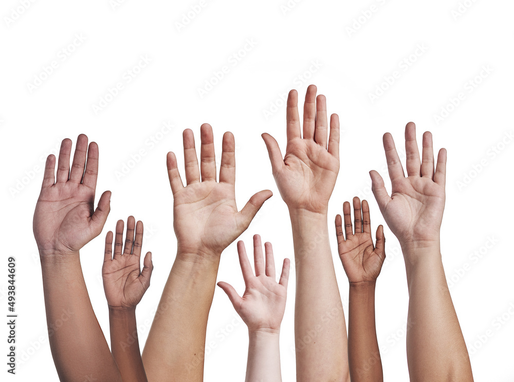 Lift your hands as one. Shot of a group of hands reaching up against a white background.