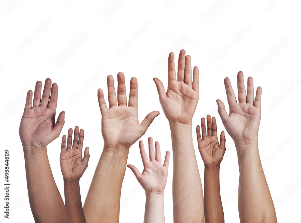 Lift your hands as one. Shot of a group of hands reaching up against a white background. Lift your hands as one. Shot of a group of hands reaching up against a white background.