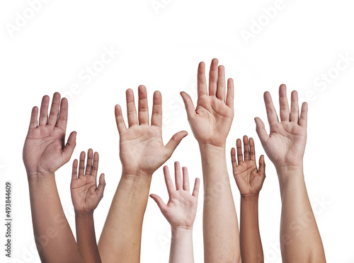 Lift your hands as one. Shot of a group of hands reaching up against a white background.