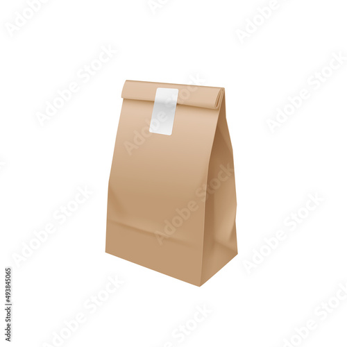 Takeout food craft package template. Brown bag mockup for pack. Realistic takeaway fast food pouch