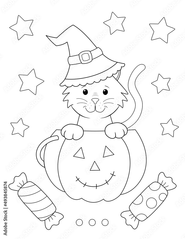cute cartoon cat inside a halloween pumpkin. coloring page for kids or ...