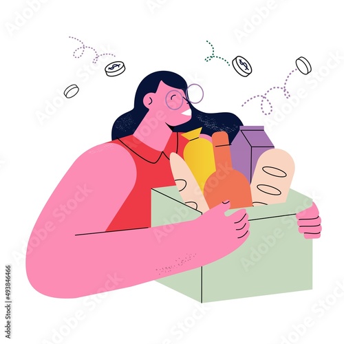 Food delivery, supermarket grocery delivery, food donation and charity concept flat vector illustration. Female volunteer character collecting food supplies