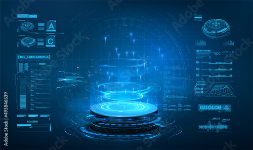Futuristic lighting and bright wrapping aura. The game effect of increasing the level and teleportation process.  Modern futuristic neon blue circle, portal in smoke. Stage for product light platform