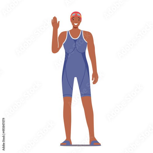 Woman Swimmer Posing and Waving Hand, Sport Competition, Tournament or Championship Concept. Female Wear Swim Suit