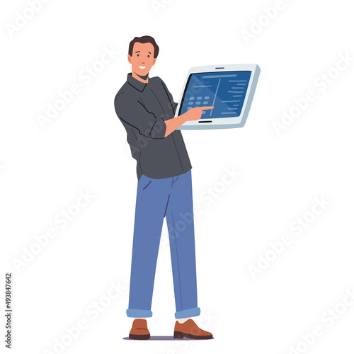 Happy Man Presentation, Promoter Pointing with Finger on Digital Device Screen, Cheerful Male Character Recommending