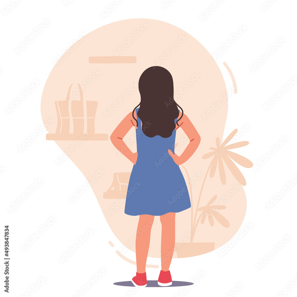 Little Girl Stand with Arms Akimbo front of Apparel Store Shelves Choose Clothes or Accessories. Female Child Shopping Little Girl Stand with Arms Akimbo front of Apparel Store Shelves Choose Clothes or Accessories. Female Child Shopping